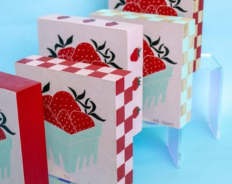 Mounted "U-Pick" 6x6" strawberry fruit basket block print wall artwork with painted sides