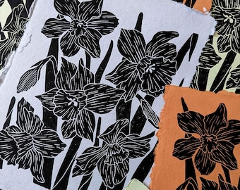 Awakening; Daffodil 9x12" hand carved linocut block print artwork