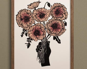 Shirley Poppies; hand carved linocut block print artwork 10.25x15"