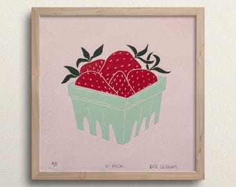 U-Pick; 8x8" strawberry basket hand carved block print wall artwork on pink handmade paper