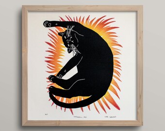 Sunbeam Boy; cat in rainbow + copper sunbeam 12x12" hand carved linocut block print artwork