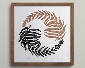 Dual Nature; fern hand carved block print wall artwork 12x12"