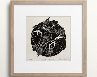 Sweet Summer; 5x5" strawberry hand carved linocut block print artwork