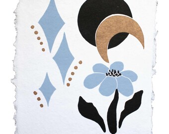 Meet Me Under the Moon, Flower; hand carved block print artwork varied edition
