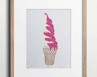 Ice Cream Art Print: Summer Swirl Cone, Hand Carved Block Print (9x12)