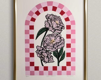 Organic Progression; Peony floral checkered arch hand carved reduction block print artwork, 15x22"