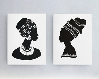 Set di 2 Afro Woman Silhouette Black Art, Black Woman Black art, African American Art, Black Girl Art, Boho Art, Boho Digital Wall Art
