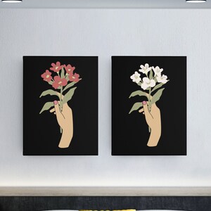Set of 2 Hand Holding Flowers, Modern Art, Floral Art, Minimalist Art, Colorful Art Digital Wall Art Prints