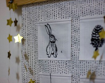 Woodland Advent Calendar, organic cotton, fabric, wood, Scandinavian, minimalist, ink, animals, black/white, handmade, high-quality