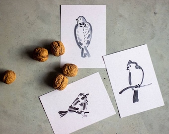 3 little birds, little bird postcards 3 pieces, greeting cards, thank you cards, sympathy, baptism, wedding, DIN A6, ink and brush, minimal