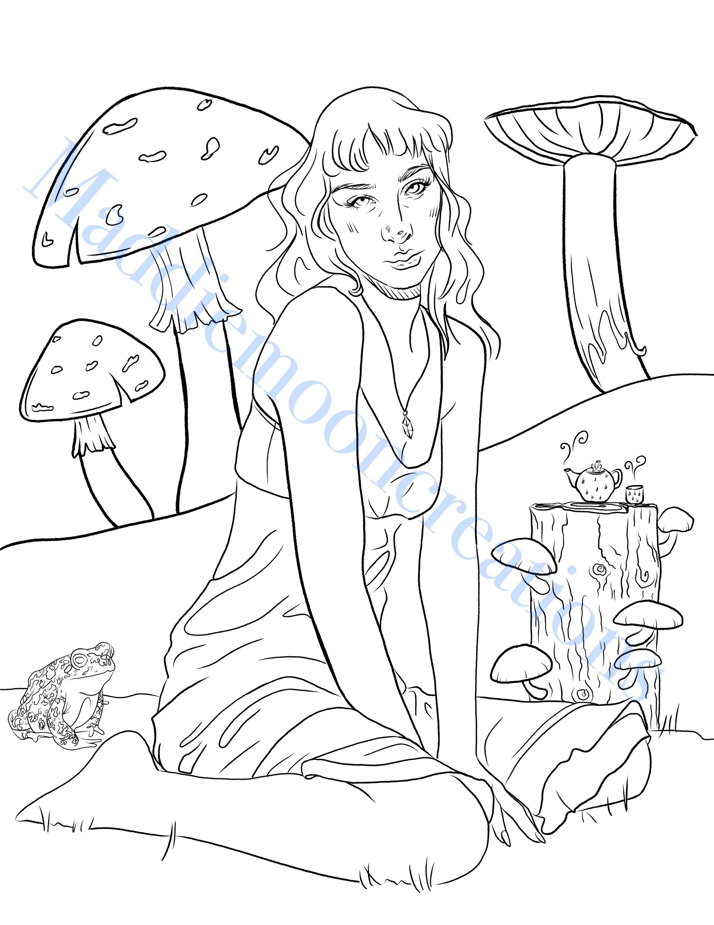 Whimsical Mushroom Girl Coloring Page - Magic - Shroom Forest - Toad ...