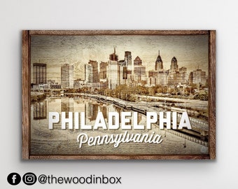 Philadelphia Skyline Wall Art (Sepia) | Extra Large Canvas Art | Rustic, Vintage, Industrial | Pennsylvania Sign | Philly Cityscape Print