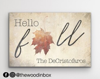 Personalized Hello Fall Sign | Autumn Wall Decor | Modern Farmhouse, Rustic, Vintage | Thanksgiving Decor | Harvest | Last Name Canvas Sign