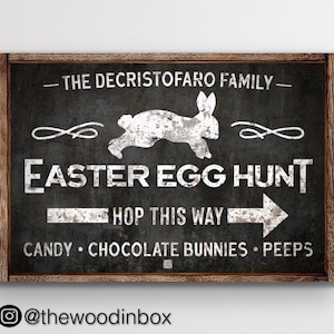 Personalized Easter Egg Hunt Sign (Black) | Easter Wall Decor | Farmhouse, Rustic, Vintage | Canvas Wall Art | Hop This Way Easter Sign