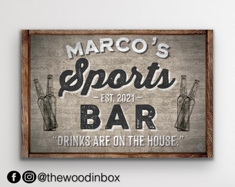 Personalized Sports Bar Sign | Man Cave, Game Room, & Theater Decor | Farmhouse, Rustic, Vintage | Canvas Wall Art | Drinks Are On Us Sign