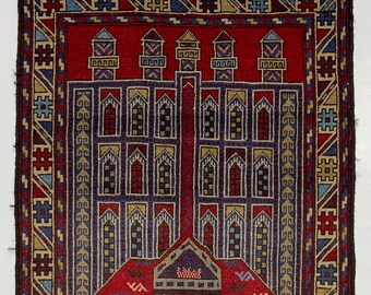 2.8x4.7 ft Vintage Prayer Rug, 3x5 Afghan Handmade Baluchi Wool Area Rug - Oriental Afghan Rug - Antique Tribal Rug - Muslim Prayer Carpet