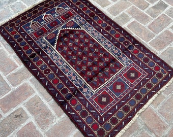 FREE SHIPPING 3x5 Red Blue Tribal Prayer Rug - Afghan Handmade Baluch Wool Rug - Traditional Boho Oriental Rug - Accent Carpet 2.11x4.7 ft
