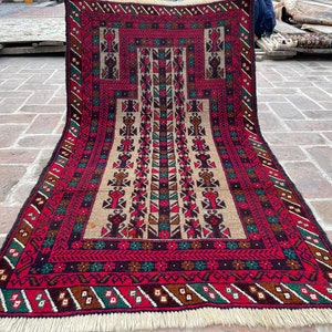 FREE SHIPPING 3x5 Beige Red Baluch Tribal Rug - Handmade Wool Rug - Turkmen Prayer Oriental Rug - Bokhara Wall Hanging Carpet 2.11x5.1 ft
