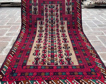 FREE SHIPPING 3x5 Beige Red Baluch Tribal Rug - Handmade Wool Rug - Turkmen Prayer Oriental Rug - Bokhara Wall Hanging Carpet 2.11x5.1 ft