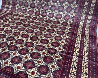 10x12 ft Beige Red Top Quality Large Biljik Carpet - Afghan Hand Knotted Fine Bukhara Geometric Turkmen Area Carpet 9.7x12.5 ft - 292x378 cm