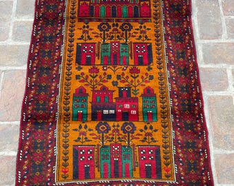 FREE SHIPPING 3x5 Orange Red Fine Baluch Rug - Handmade Vintage Wool Tribal Rug - Traditional Geometric Bukhara Turkmen Carpet 2.10x4.10 ft