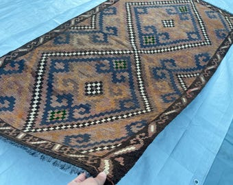 3x6 ft Antique 1980s Faded Afghan Rug - Fine Turkmen Medallion Muted Rug 3.3x6.2 ft - Vintage Flatweave Geometric Tribal Kilim Rug 99x188 cm