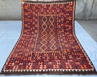 7x10 Rustic Red Turkmen Kilim Rug - Afghan Tribal Maimana Kilim - Turkish Caucasian Handmade Rug 6'8"x9'9" - Rugs for Living Room 204x297 cm