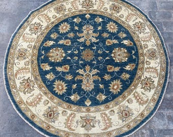 5x5 Navy Blue Beige Royal Afghan Round Rug - Hand Knotted Turkmen Oriental Chobi Rug - Afghan Ziegler Handspun Wool Circle Dining Table Rug