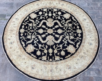 6x6 Black Beige Afghan Round Area Rug - Handspun Wool Turkmen Chobi Oriental Circle Rug - Floral Hand Knotted Ziegler Turkish Oushak Carpet