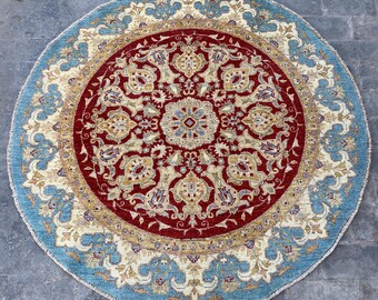 5x5 Red Blue Decorative Round Carpet - Turkmen Durable Circle Rug - Oriental Chobi Handspun Wool Veg Dye Rug - Medallion Turkish Oushak Rug