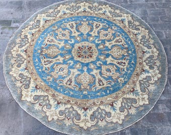 6x6 Soft Blue Beige Oriental Round Rug - Afghan Ziegler Medallion Serapi Rug - Handmade Chobi Turkmen Floral Rug - Traditional Oushak Rug