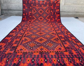 8x16 ft Antique Red Orange Shape Terracotta Afghan Turkmen Large Palace Size Hall Rug - Veg Dyes Organic Wool Rug 8x15.11 ft - 244x485 cm