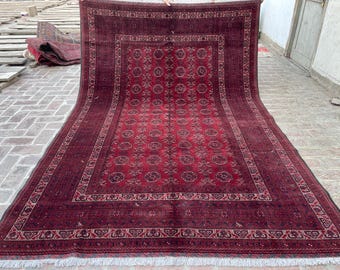7x10 Red Afghan Waziri Rug - Hand Knotted Turkmen Bukhara Oriental Wool Rug - Top Quality Afghan Kunduz Carpet - Authentic Tribal Area Rug