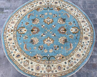 Sea Blue 6x6 Afghan Hand Knotted Round Rug - Floral Turkmen Chobi Circle Rug - Ziegler Oushak Anatolian Rug - Caucasian Tribal Flower Carpet