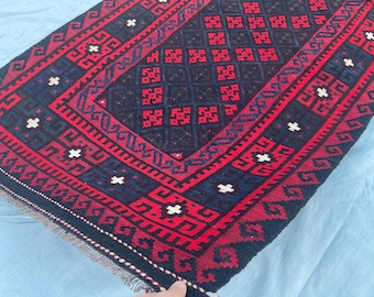 Red Geometric 4x7 ft Afghan Traditional Rug - Turkmen Handwoven Maimana Veg Dyes Rug 3.7x6.9 ft - Floor Rug 108x205 cm - Living Room - Kids