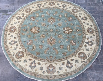 7x7 Aquamarine Royal Sultani Rounded Rug - Afghan Chobi Oriental Rug - Turkmen Ziegler Wool Rug - Floral Turkish Oushak Dining Table Carpet