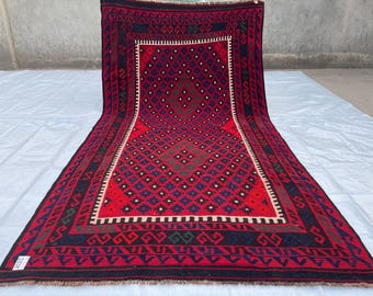 Red Oriental 4x8 ft Afghan Wide Hallway Rug - 4.2x7.11 ft Afghan Tribal Nomadic 1980s Art - Woolen Flatweave Floor Area Rug - 126x241 cm Rug