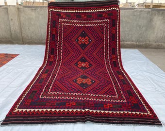 Big Sale Afghan 6x10 Vintage Area Rug - Red Turkmen Handmade Flatweave Geometric Rug 5.4x9.10 - Red Blue Orange White Oriental Medallion Rug