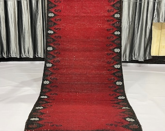 2.1x5.3 ft Antique Red Afghan Bordered Rug, 2x5 Handmade Area Wool Rug, Traditional Turkmen Decorative Kilim Area Rug, Bedroom Office Rug
