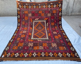 7x10 Antique Luxurious Bohemian Style Veg Dyes Wool Afghan Kilim Rug - Medallion Design Geometric Area Rug - Turkish Area Rug 6.11x9.10 ft
