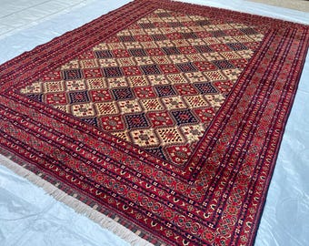 8x11 ft Top Quality Turkmen Area Rug - Afghan Hand Knotted Veg Dyes Wool Biljik Carpet 8.4x11.3 ft - Bukhara Oriental Fine Carpet 252x342 cm