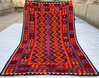 6x9 Red Orange Blue Black Handwoven Tribal Afghan Kilim Rug - Geometric Oriental Natural Organic Veg Dyes Wool 6x8.11 ft - Living Room Rugs