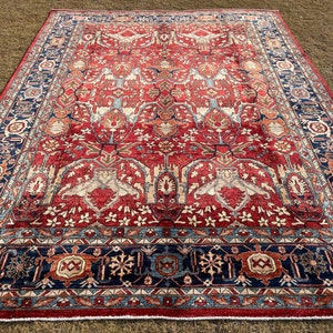 9x12 (275x365) Bidjar Handmade Afghan Rug | Deep Red Light Beige Gray Grey Sky Blue Taupe Brown Navy Blue | Persian Turkish Antique Oriental