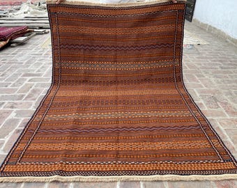 5x7 Brown Traditional Soumak Kilim Rug - Afghan Tribal Geometric Striped Oriental Rug - Handmade Soft Wool Flatweave Turkish Soumak Area Rug