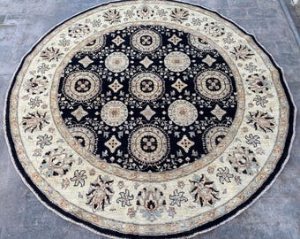 6x6 Black Beige Turkish Oushak Rounded Area Rug - Hand Knotted Afghan Oriental Rug - Turkmen Chobi Floral Circle Rug - Turkish Oushak Carpet