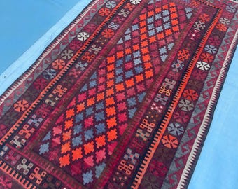 3x6 ft Afghan Terracotta Vintage Kilim Rug - Antique 1980s Turkmen Flatweave Oriental Rug 3.4x6 ft - Handmade Turkish Kilim Rug 100x183 cm