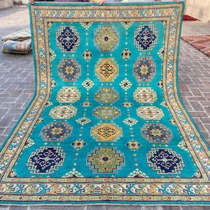 7x30 Türkiser Tribal Teppich - Handgemachter Afghanischer Teppich - Kazak Kaukasischer Wollteppich - Orientalischer Turkmenischer Oushak Teppich - Moderner Boho Teppich - Türkischer Teppich