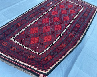 3x7 ft Red 1980s Geometric Tribal Afghan Kilim Rug - Antique Turkmen Traditional Rug 3.7x7 ft - Flatweave Uzbek Kilim 110x215 cm - Kids Rug