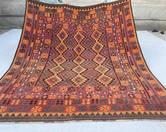 8x9 ft Antique Faded Afghan Kilim Rug - 1980s Muted Terracotta Geometric Traditional Rug 8.3x9.6 ft - Vintage Handmade Wool Rug 252x290 cm
