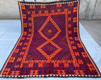 7x10 Antique Afghan Red Orange Shape Rug - Beautiful Veg Dyes Wool Turkmen Medallion Decor Rug - 7x9.5 ft Bedroom - Living Room - Office Rug